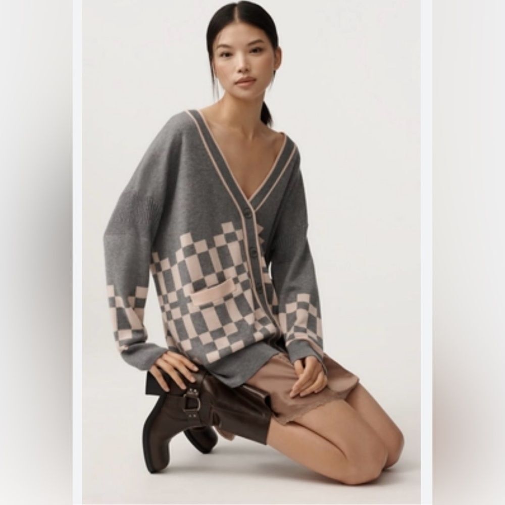 Anthropologie Maeve Oversized Cardigan Button Pockets Check Grey Pink S NWT